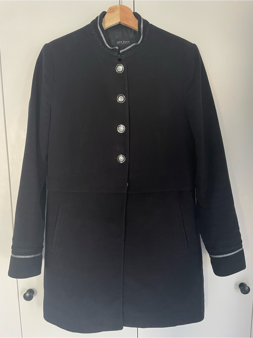 Zara Basic Black Military Officer Coat Silver Buttons Tailored L
